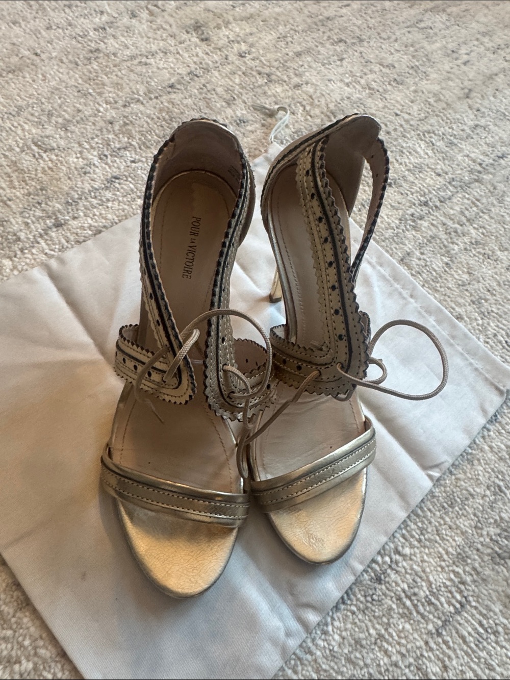 Pour La Victoire Metallic Gold Scalloped Lace-Up Heels